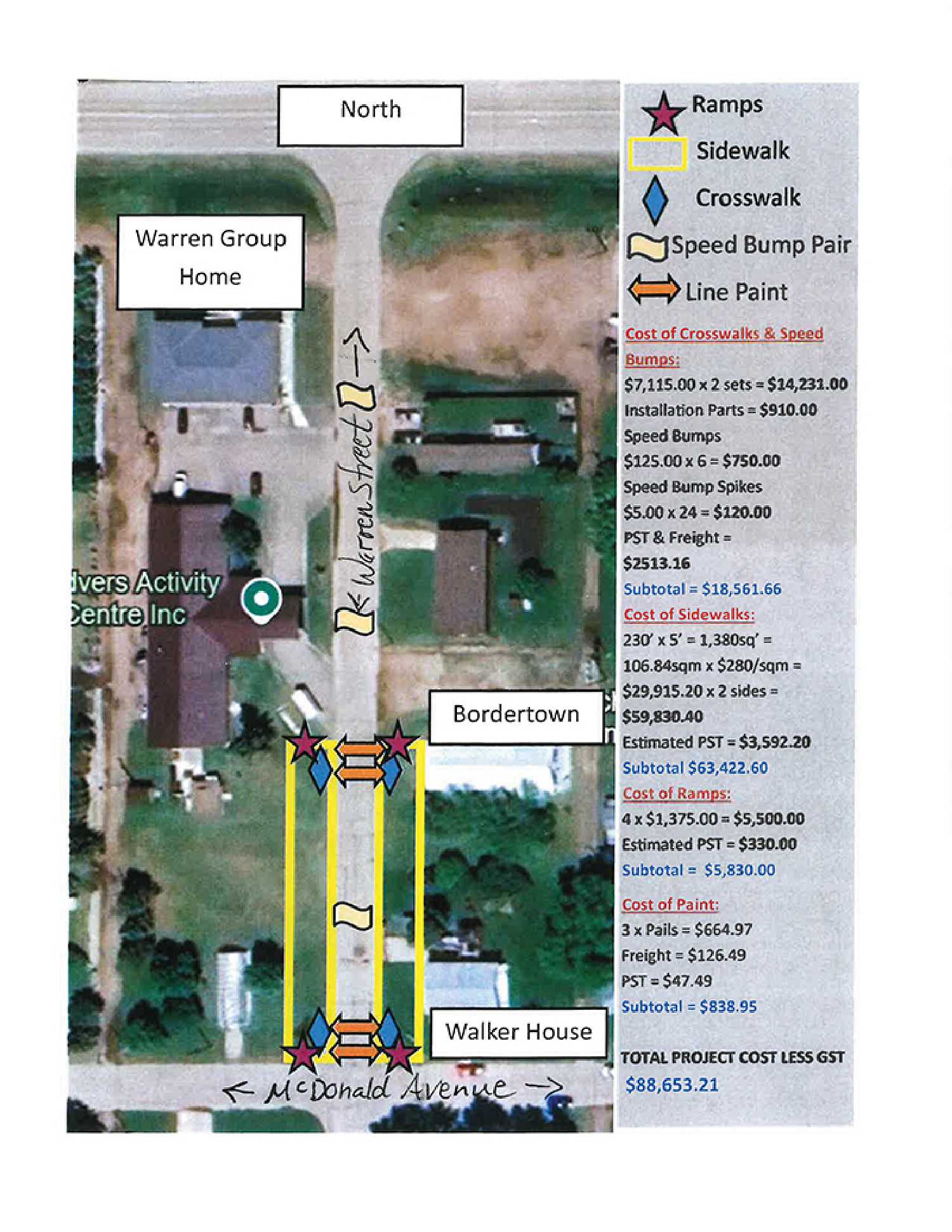 The yellow lines show where new sidewalks will go on Warren Street after the town received an SGI Traffic Safety Fund Grant.